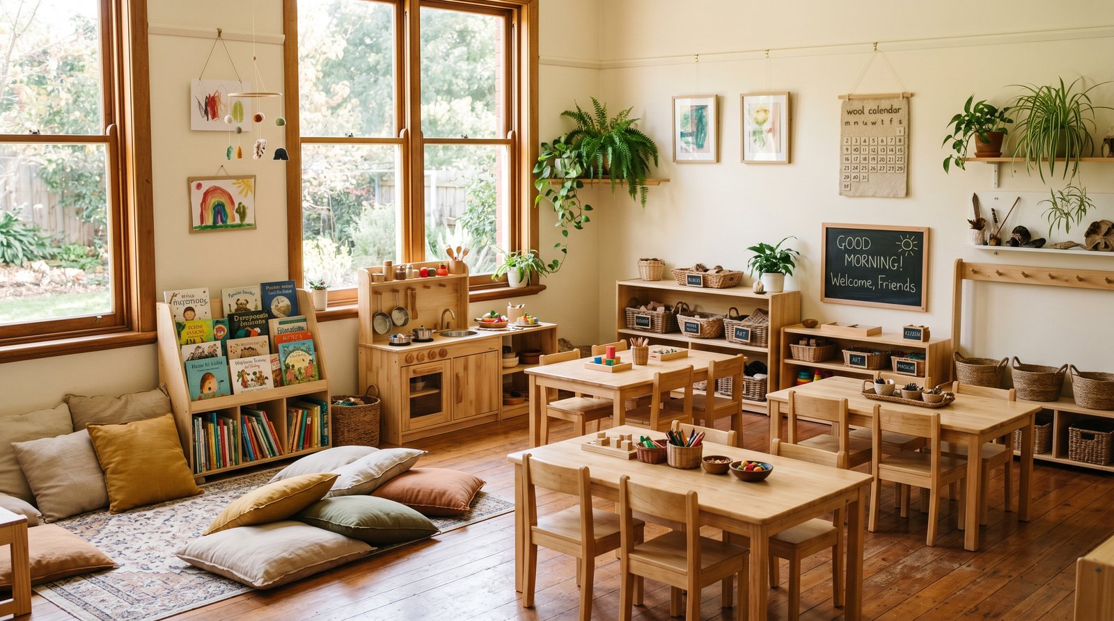 A Montessori-inspired classroom with natural wooden learning materials arranged on low shelves