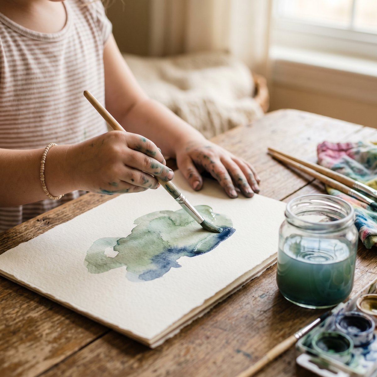 A child painting with sage-green watercolour on thick paper in a bright classroom