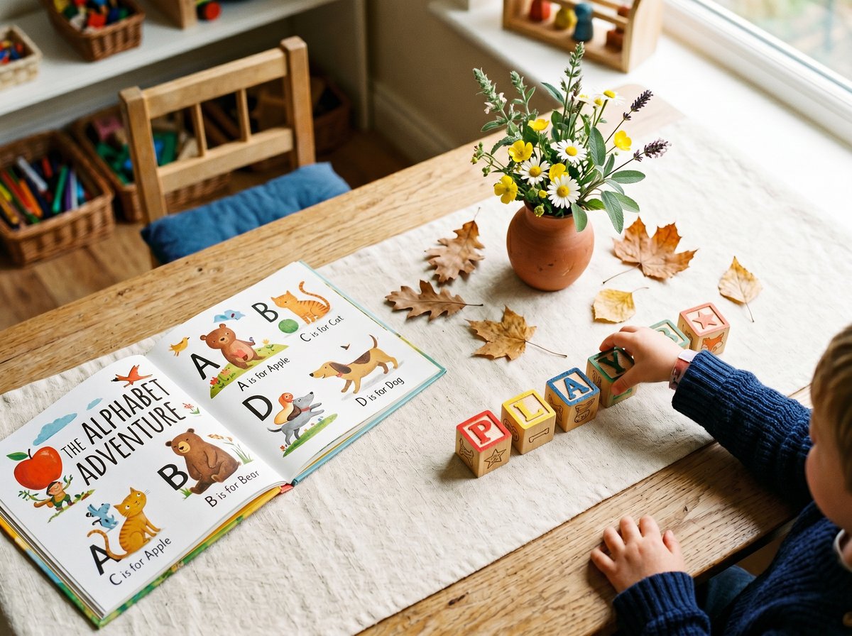 A child exploring wooden alphabet blocks and a picture book on a warm wooden table