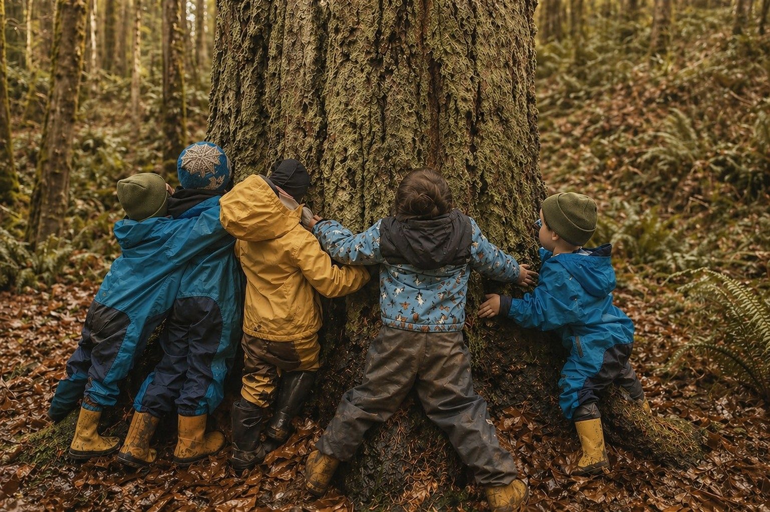 A group of children in raincoats hugging a giant moss-covered tree in a Victoria, BC forest