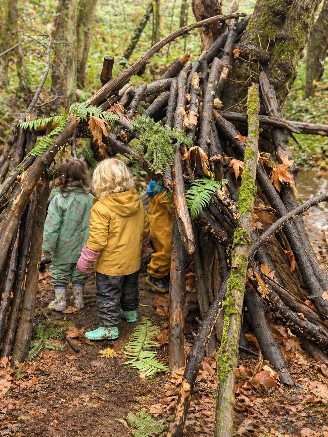 Two preschool children entering a fern-decorated stick fort they built in the woods