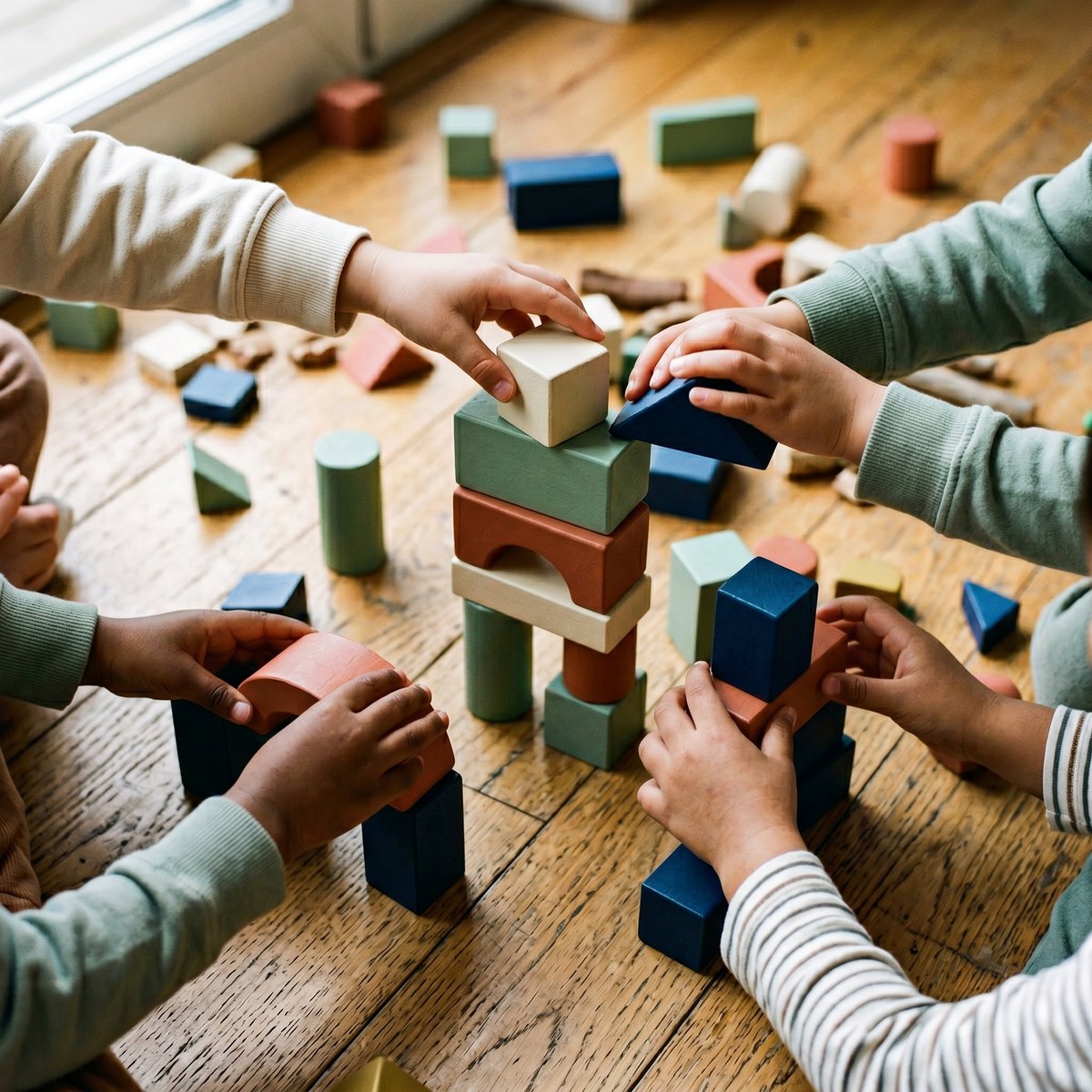 Children's hands building with wooden blocks in navy, sage, terracotta and cream