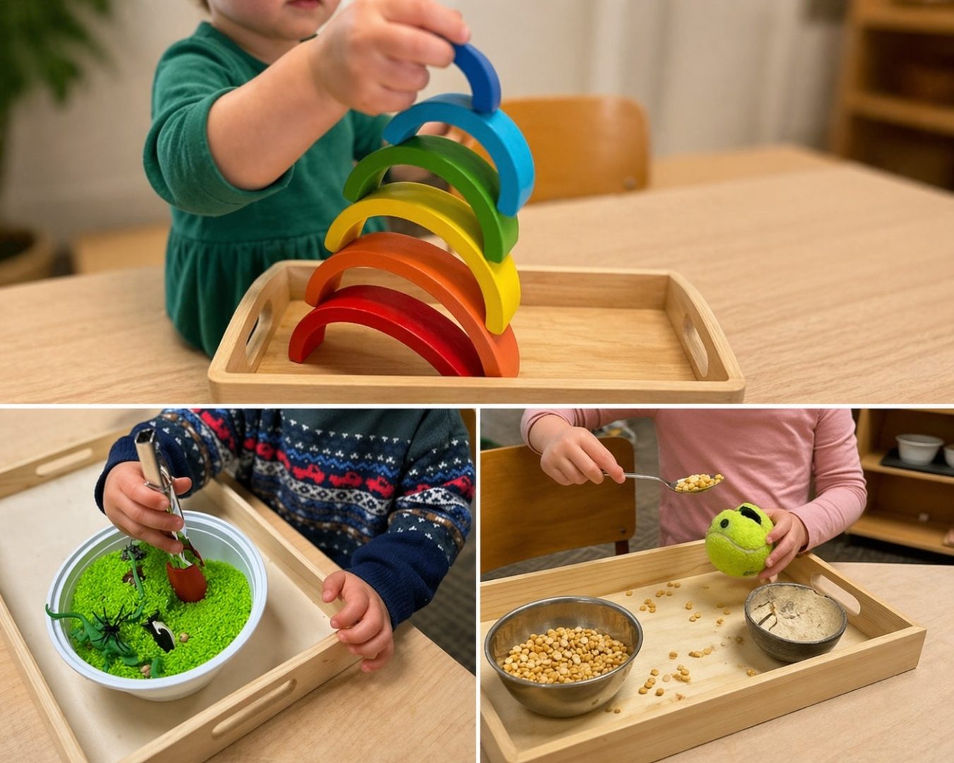 A collage of children working with practical-life Montessori materials including rainbow arches, sensory rice, and bean transfer