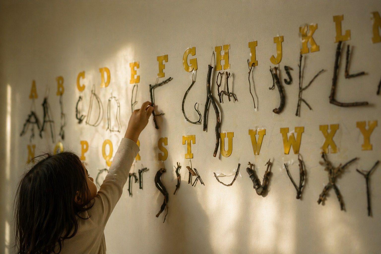 A child reaching up to an alphabet wall made of yellow letters paired with letters formed from sticks and twigs